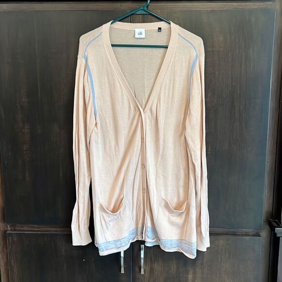 CAbi Lucy Pink Blue Trim 2 Pocket Cardigan Sweater Large #5288 - Picture 3 of 6